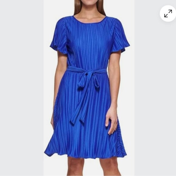 DKNY Royal Blue Pleated Mini Dress with Short Sleeves - Picture 1 of 7